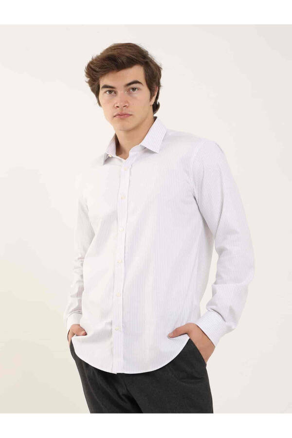 Gray Men's Slim Fit Striped Classic Collar Long Sleeve Shirt - 97946 - 7