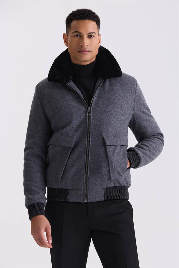 Gray Regular Fit Fur Collar Winter Puffer Jacket - 1