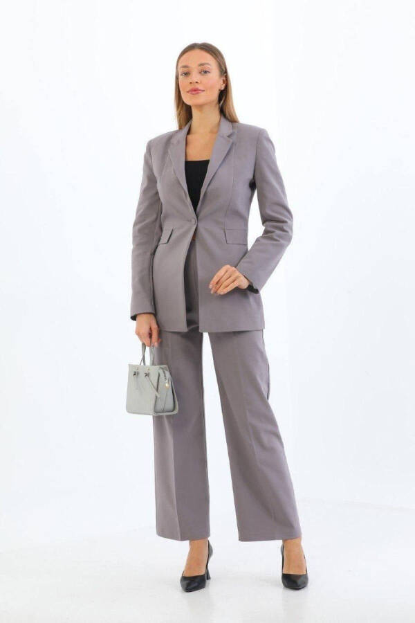 Gray Single Button Blazer Jacket Palazzo Pants Set with Belt Pockets - 1