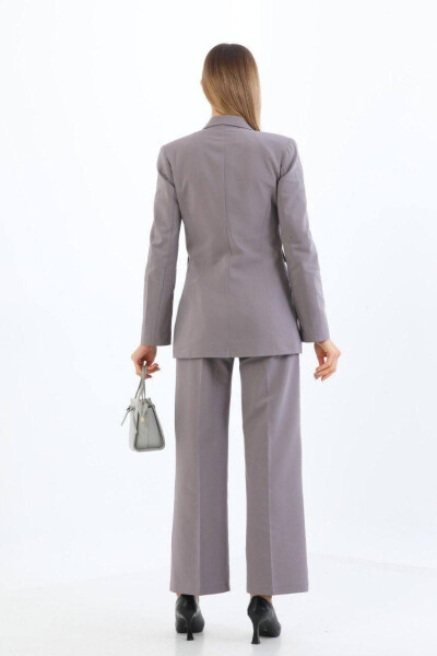 Gray Single Button Blazer Jacket Palazzo Pants Set with Belt Pockets - 6