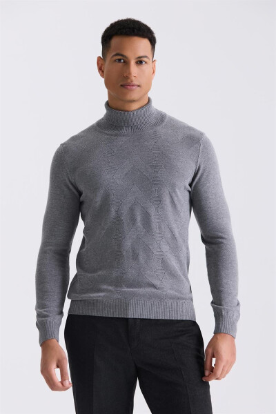 Gray Slim Fit Full Fisherman Neck Patterned Knit Sweater - 5