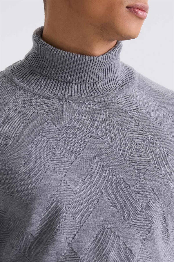 Gray Slim Fit Full Fisherman Neck Patterned Knit Sweater - 7