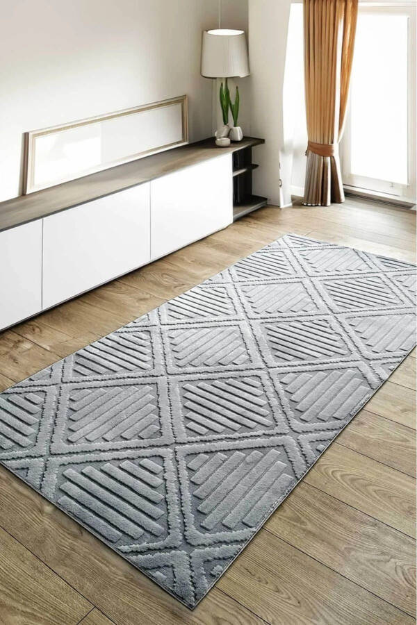 Gray Soft Plush Rug Geometric Patterned White Non-Slip Rug Runner Kitchen Rug Bedroom Rug - 1