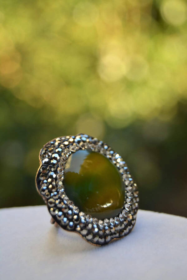 Green Agate Natural Stone Adjustable Women's Ring - 1