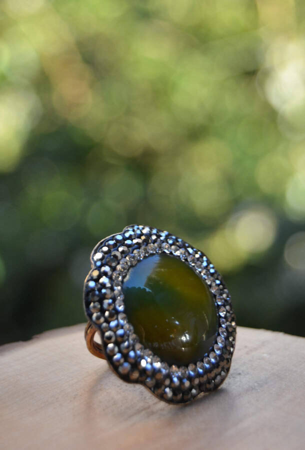 Green Agate Natural Stone Adjustable Women's Ring - 2