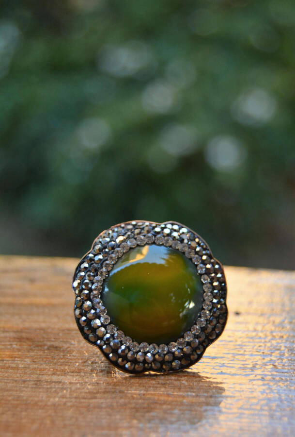 Green Agate Natural Stone Adjustable Women's Ring - 3