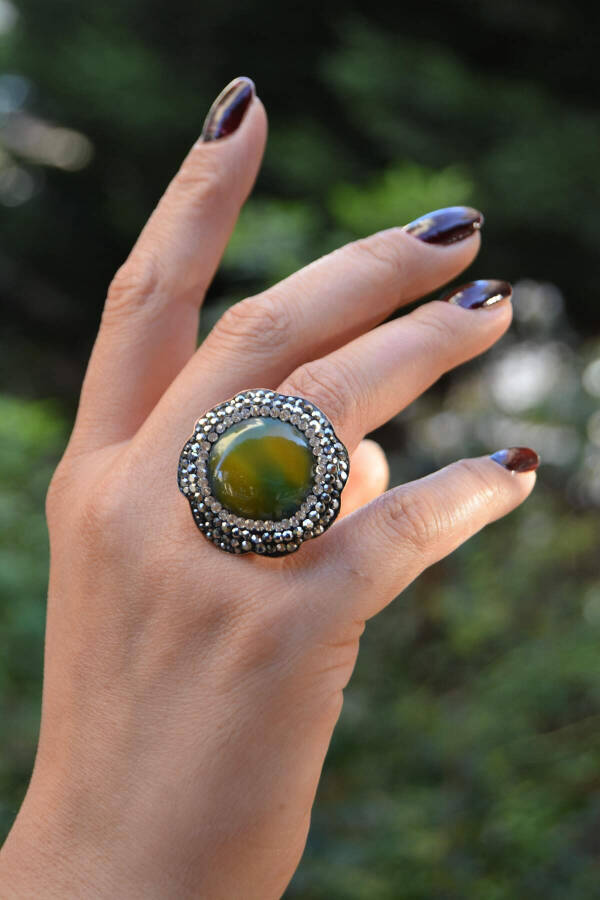 Green Agate Natural Stone Adjustable Women's Ring - 4