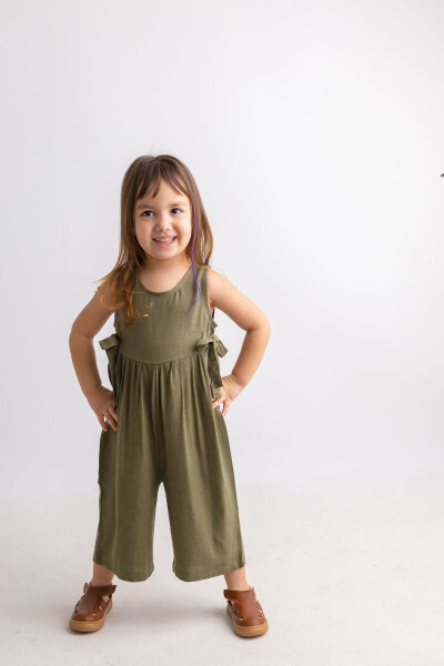 Green Cotton Sleeveless Button Back Double Tie Girls' Jumpsuit - 6