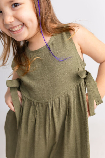 Green Cotton Sleeveless Button Back Double Tie Girls' Jumpsuit - 7