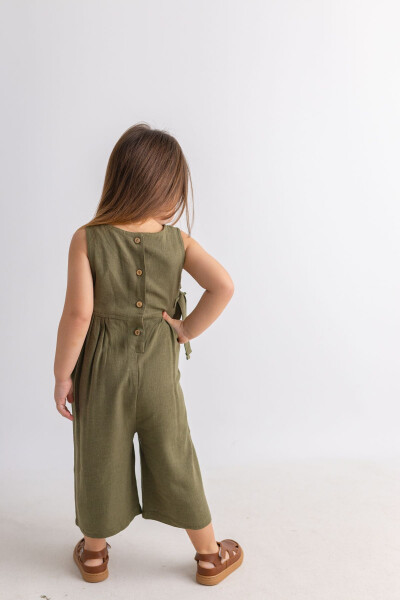 Green Cotton Sleeveless Button Back Double Tie Girls' Jumpsuit - 8