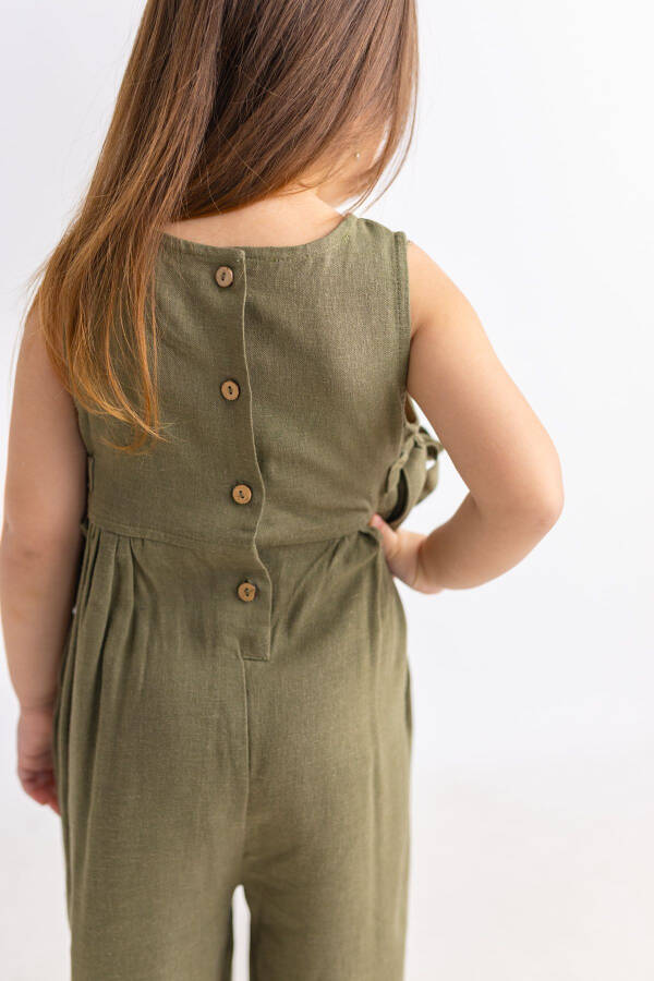 Green Cotton Sleeveless Button Back Double Tie Girls' Jumpsuit - 9