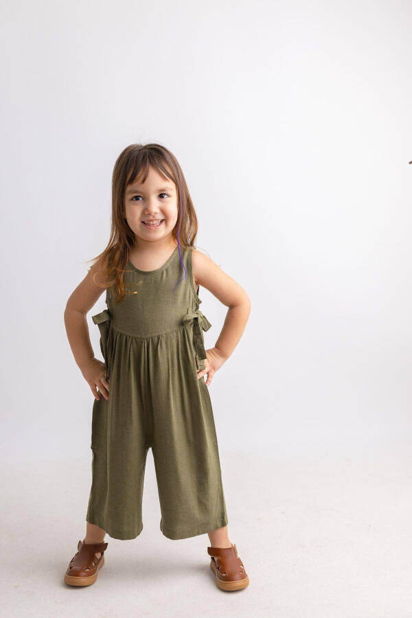 Green Cotton Sleeveless Button Back Double Tie Girls' Jumpsuit - 1