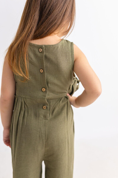 Green Cotton Sleeveless Button Back Double Tie Girls' Jumpsuit - 4