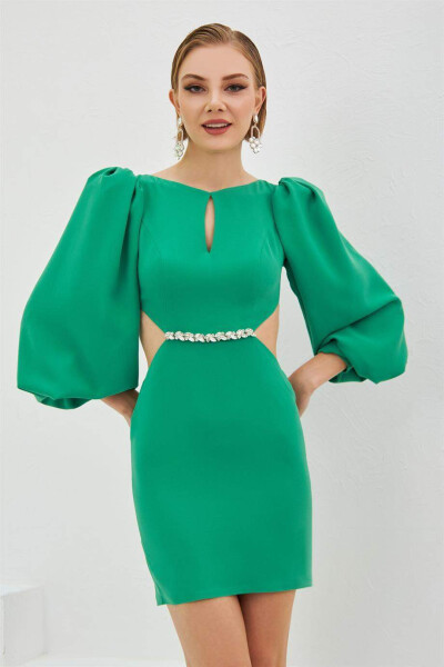 Green Crepe Stone Balloon Sleeve Short Dress - 2