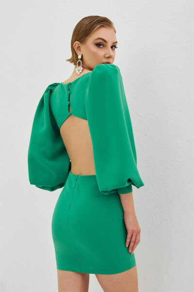 Green Crepe Stone Balloon Sleeve Short Dress - 4