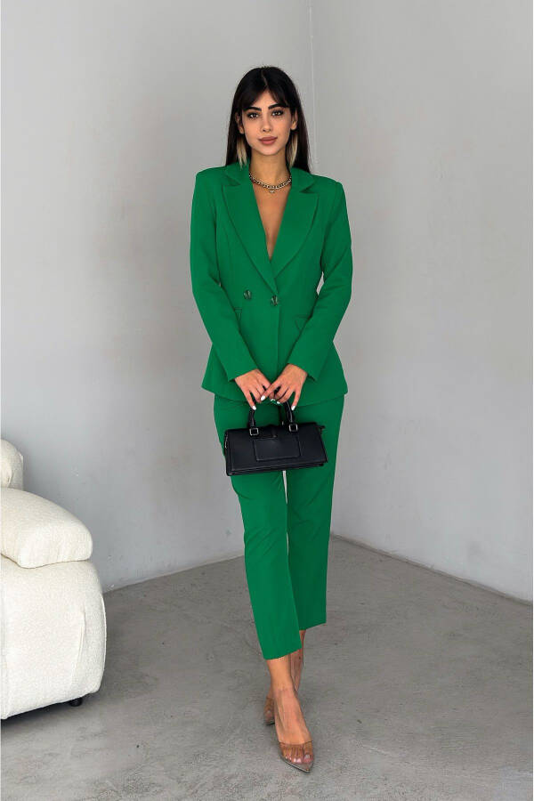 Green Double-Breasted Blazer Jacket Carrot Pants Suit Dress - 1