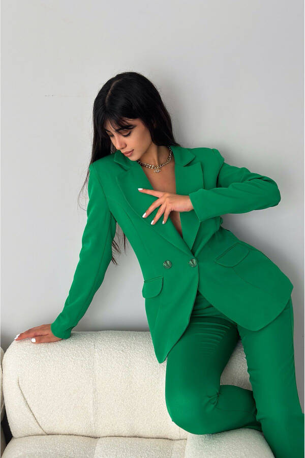 Green Double-Breasted Blazer Jacket Carrot Pants Suit Dress - 6