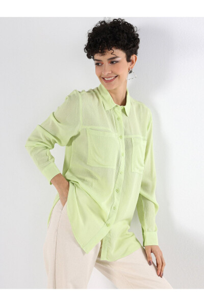 Green, long-sleeved, pocket, regular fit shirt for women. - 4