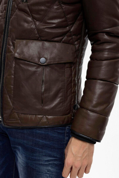 Green Perit Quilted Men's Genuine Leather Jacket with Fur Collar and Izolin Lining - 5