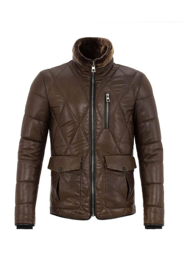 Green Perit Quilted Men's Genuine Leather Jacket with Fur Collar and Izolin Lining - 6