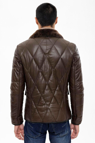 Green Perit Quilted Men's Genuine Leather Jacket with Fur Collar and Izolin Lining - 7