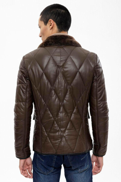 Green Perit Quilted Men's Genuine Leather Jacket with Fur Collar and Izolin Lining - 8