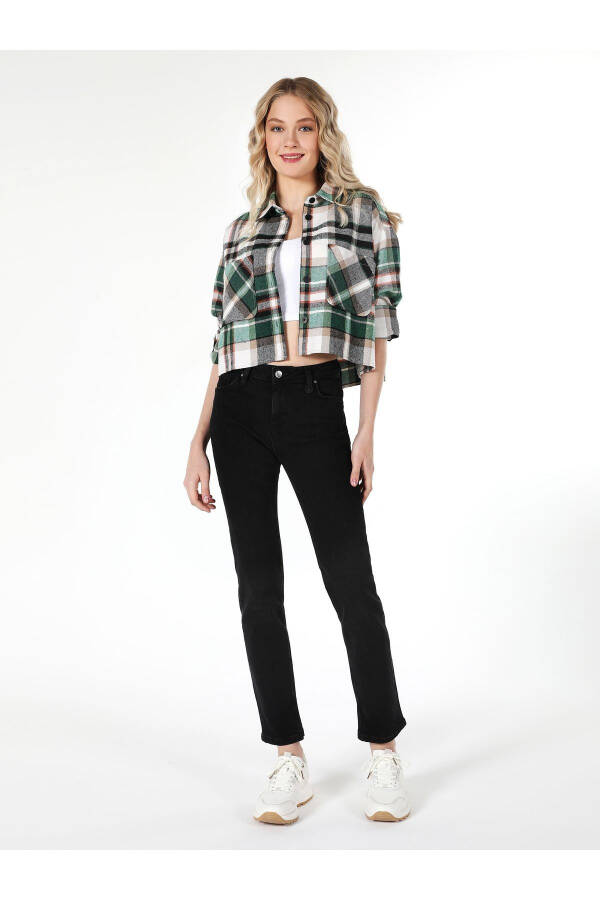 Green plaid long sleeve shirt with pockets for women (Cl1061037) - 1