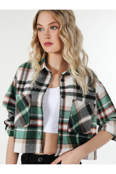 Green plaid long sleeve shirt with pockets for women (Cl1061037) - 3