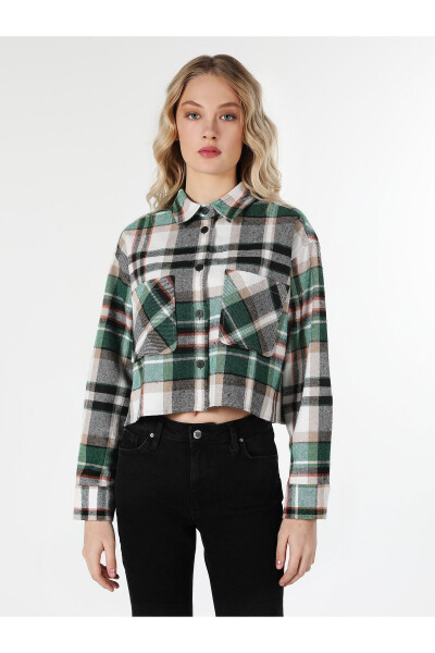 Green plaid long sleeve shirt with pockets for women (Cl1061037) - 4