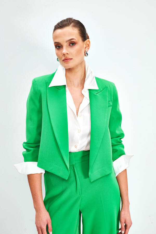 Green Shawl Collar Short Jacket - 6