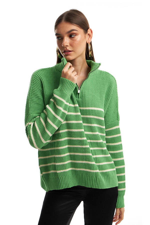 Green Striped Zippered Sweater - 11