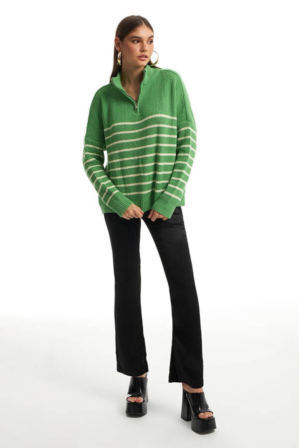 Green Striped Zippered Sweater - 13