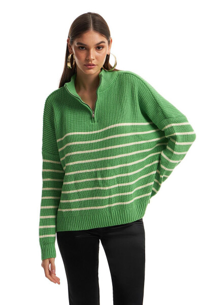 Green Striped Zippered Sweater - 14