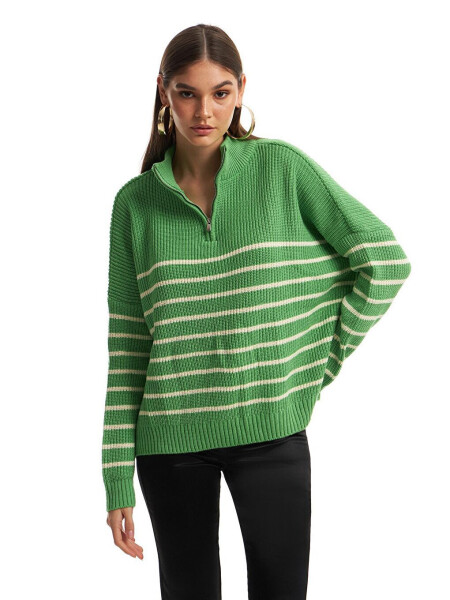 Green Striped Zippered Sweater - 9