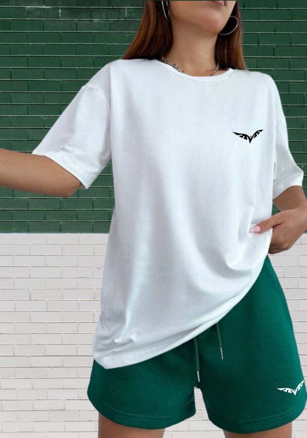 Green - White Summer Thin T-shirt and Shorts Set with Wing Print - 1