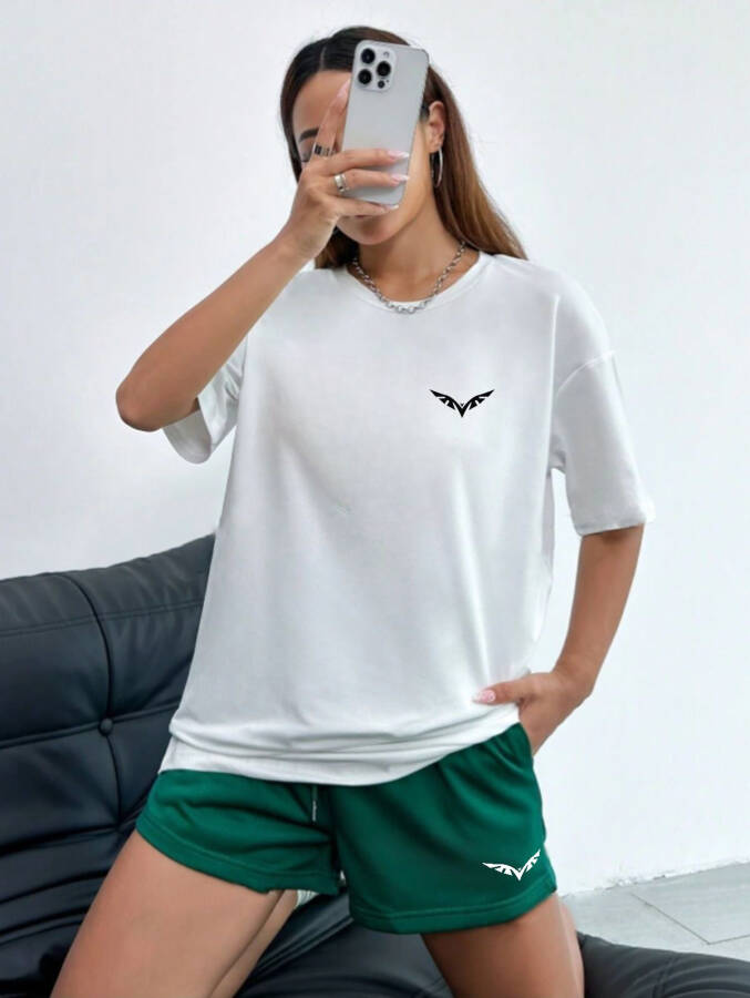 Green - White Summer Thin T-shirt and Shorts Set with Wing Print - 2