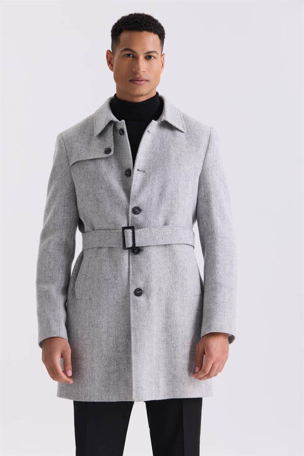 Grey Comfort Fit Berberi Collar Herringbone Patterned Belted Wool Coat - 1