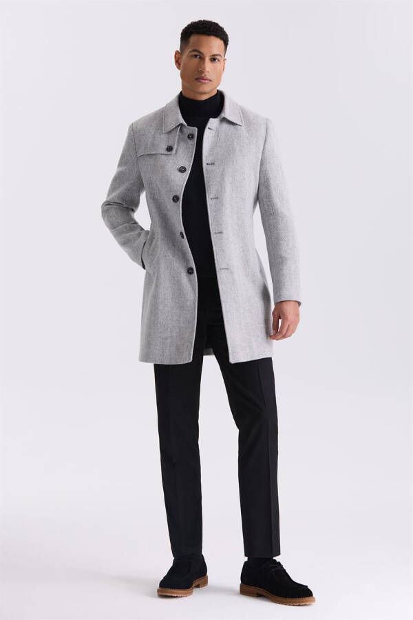 Grey Comfort Fit Berberi Collar Herringbone Patterned Belted Wool Coat - 2