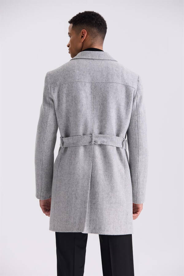 Grey Comfort Fit Berberi Collar Herringbone Patterned Belted Wool Coat - 4