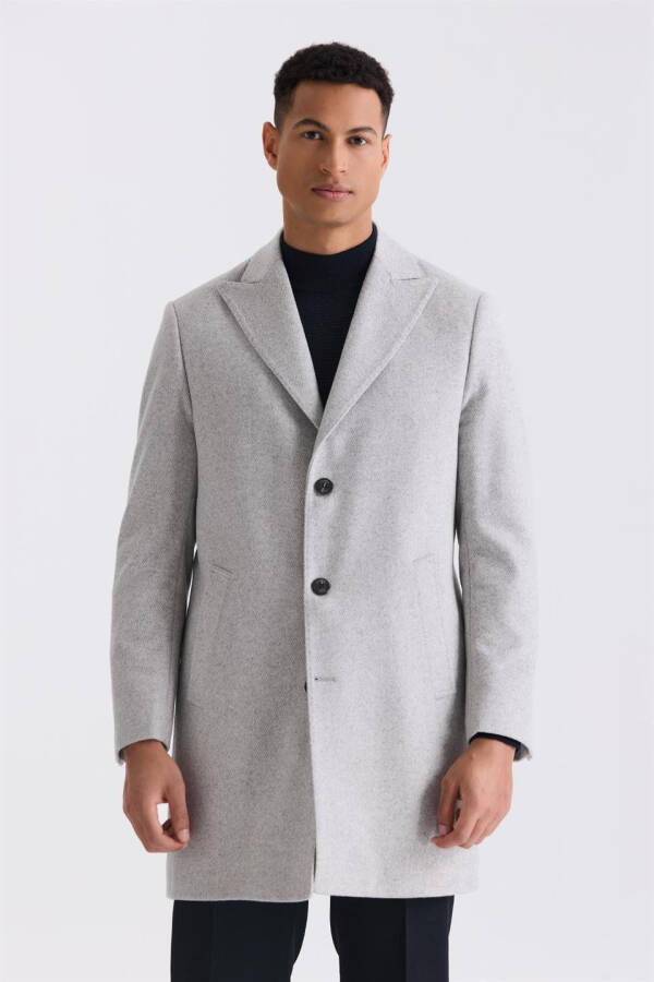 Grey Comfort Fit Peak Lapel Herringbone Wool Peacoat - 1