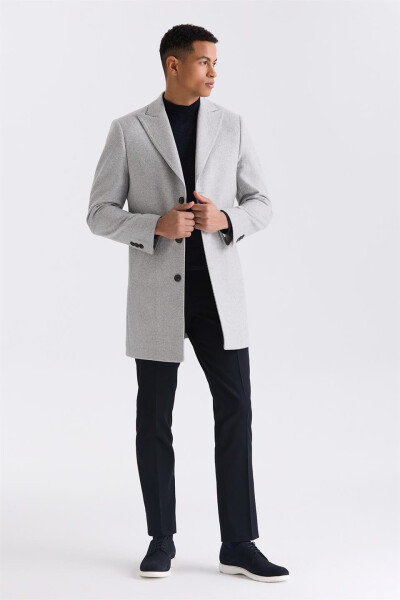 Grey Comfort Fit Peak Lapel Herringbone Wool Peacoat - 2