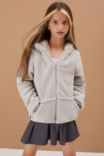 Grey Girls' Hooded Plush Fleece Jacket 5-15 Years 19100 - 17