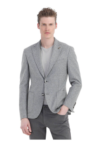 Grey Striped Slim Fit Shoulder Wool Blend Knit Jacket - 1