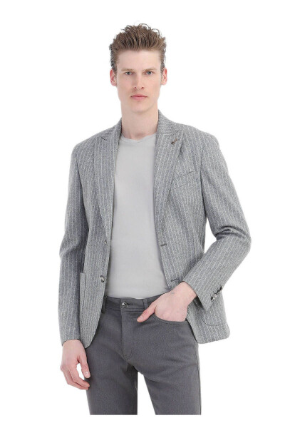 Grey Striped Slim Fit Shoulder Wool Blend Knit Jacket - 3