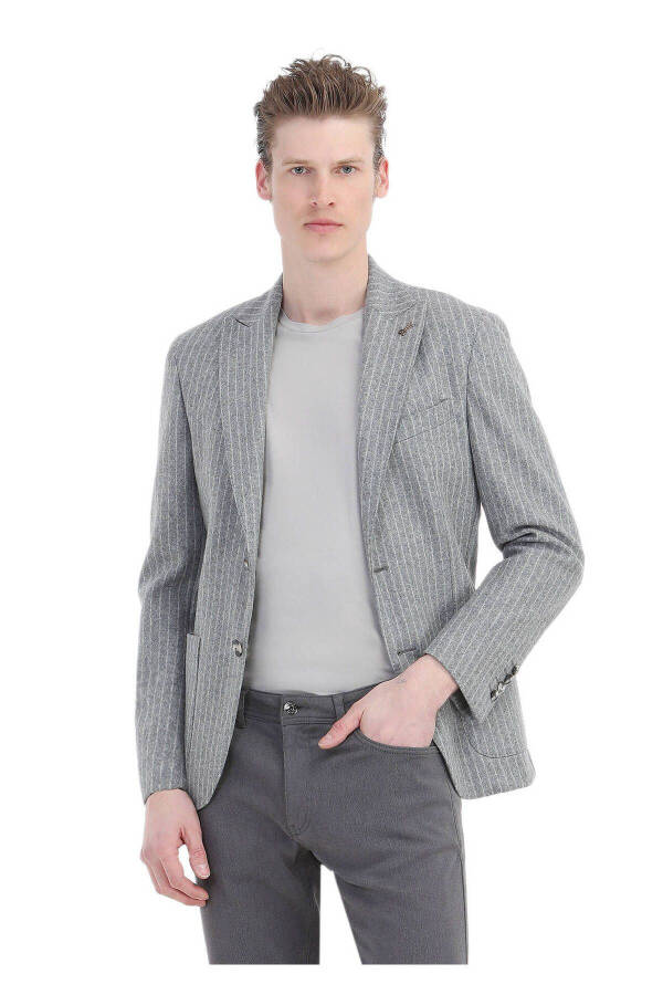 Grey Striped Slim Fit Shoulder Wool Blend Knit Jacket - 3