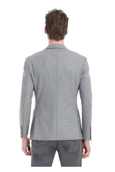 Grey Striped Slim Fit Shoulder Wool Blend Knit Jacket - 5