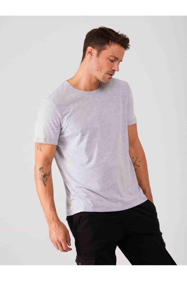 Gri Melanj Erkek Slim Fit Düz Bisiklet Yaka Tshirt - 70953 - 8