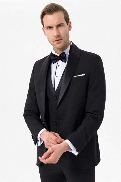 Groom's Suit with Narrow Fit Vest, Single Button, Black - 1