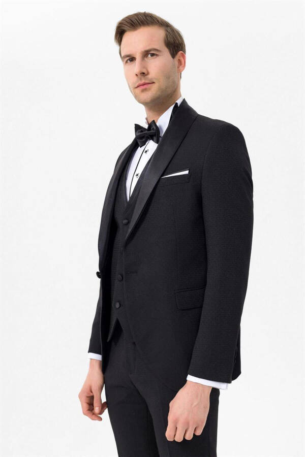 Groom's Suit with Narrow Fit Vest, Single Button, Black - 3