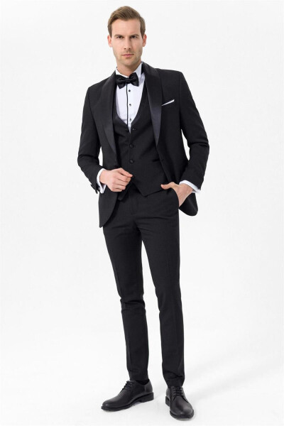 Groom's Suit with Narrow Fit Vest, Single Button, Black - 4